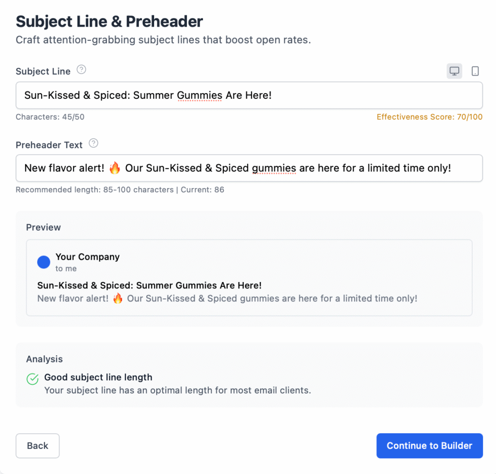 Subject line testing screen inside the email marketing simulator with real-time inbox preview.